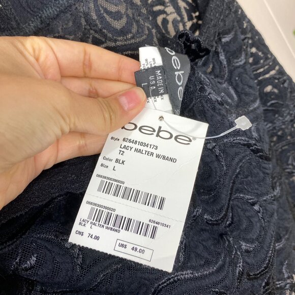 NWT Bebe Black Halter Lace Top Size Large - Picture 4 of 8